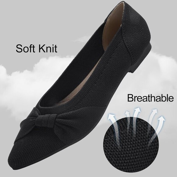 Women's Pointed Toe Knit Black Flats Comfortable Lightweight Dressy Casual Shoes - Picture 3 of 9